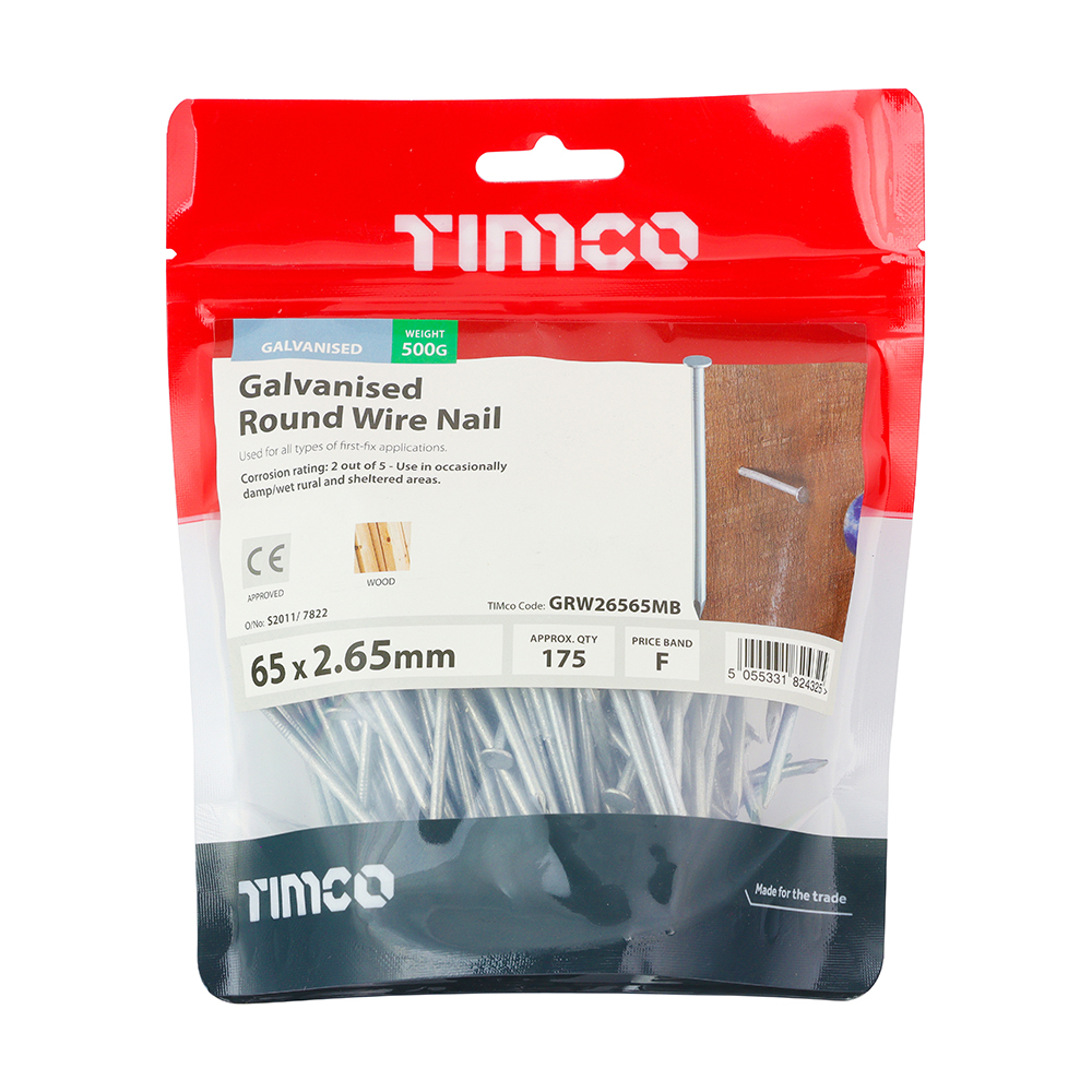 Round Wire Nail (Batten) - Galvanised 65 x 2.65mm 0.5kg Bag – image 2