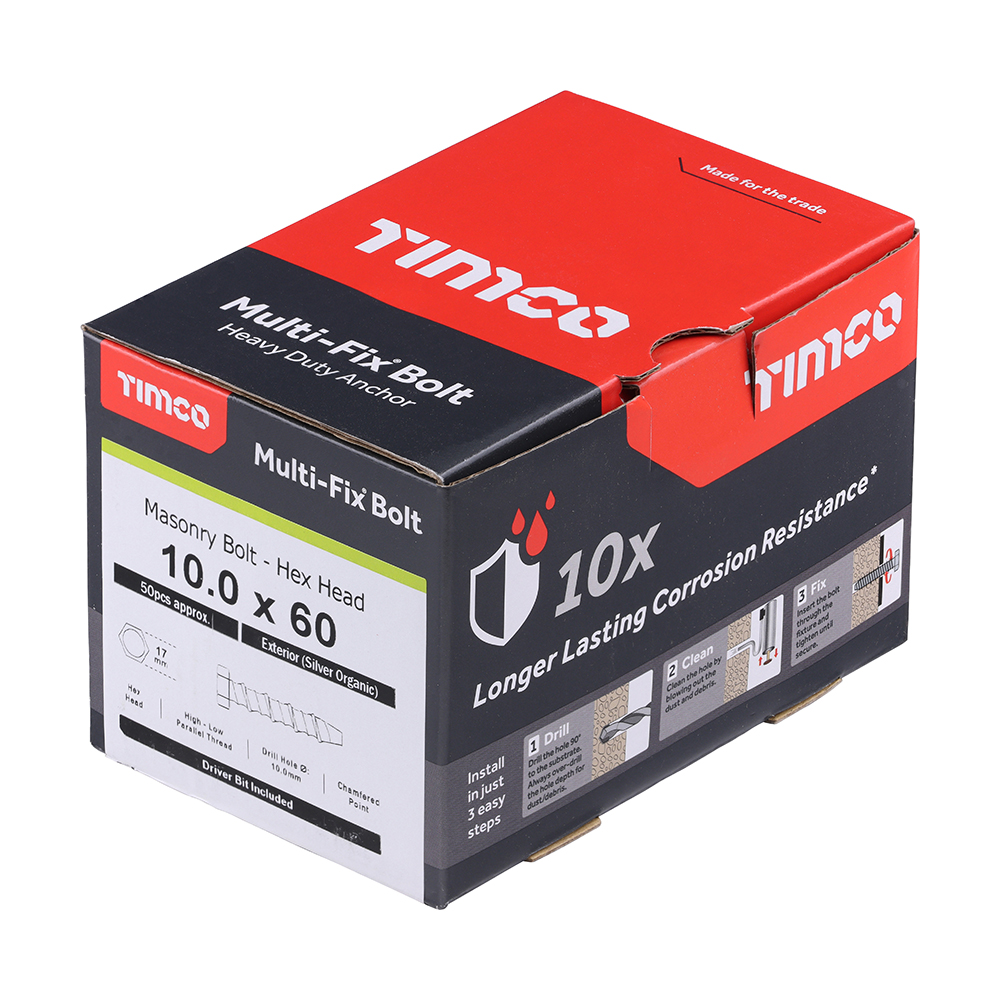 Multi-Fix Masonry Bolts - Hex - Exterior - Silver - 10.0 x 60 (Pack 50) – image 2