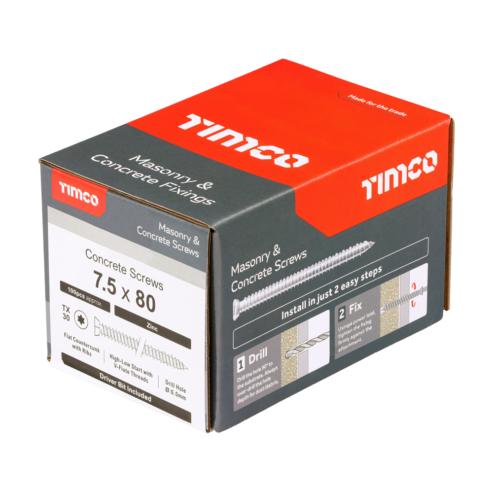 Concrete Screws - TX - Flat Countersunk - Zinc - 7.5 x 80 (Pack 100) – image 2