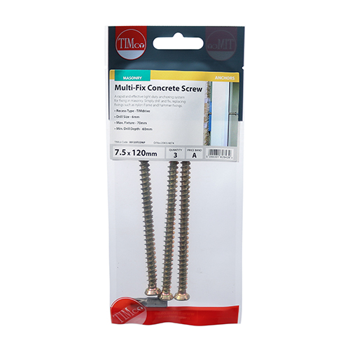 Concrete Screws - TX - Flat Countersunk - Yellow - 7.5 x 120 (Pack 3) – image 2