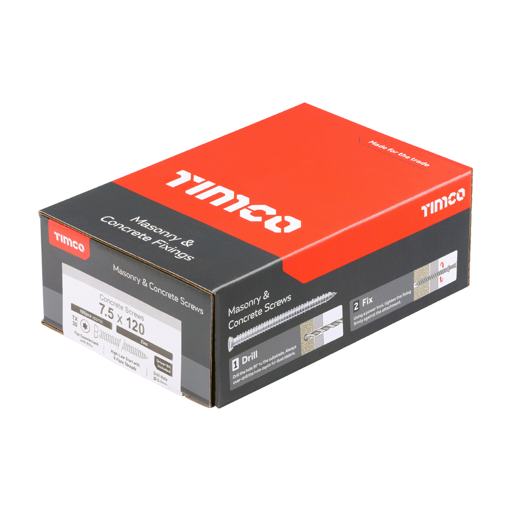 Concrete Screws - TX - Flat Countersunk - Zinc - 7.5 x 120 (Pack 100) – image 2