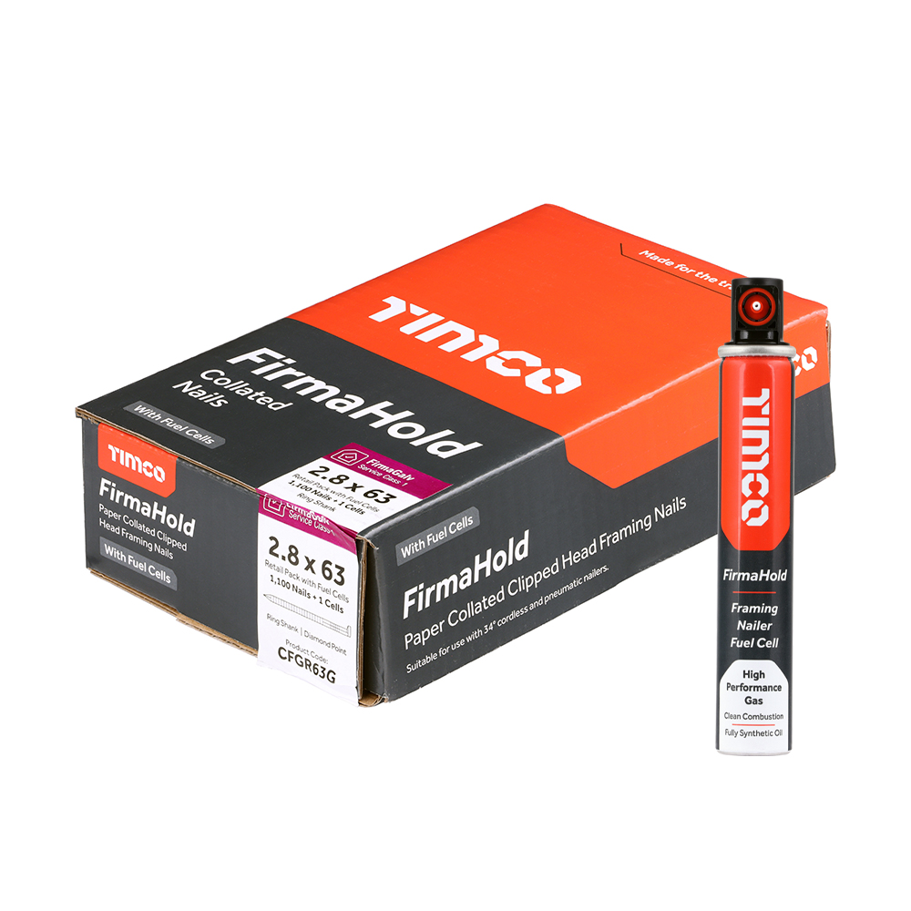 FirmaHold Collated Clipped Head Nails & Fuel Cells - Retail Pack - Ring Shank - FirmaGalv - 2.8 x 63/1CFC (Pack 1100)