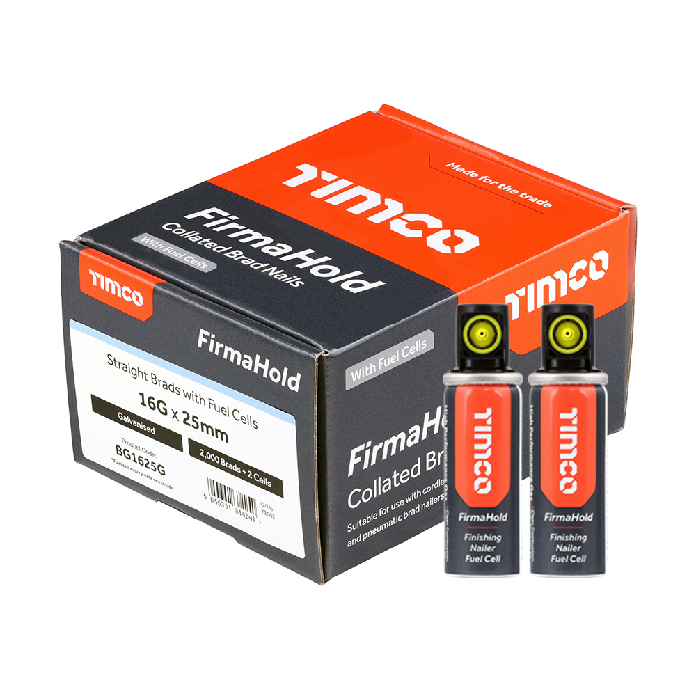 FirmaHold Collated Brad Nails & Fuel Cells - 16 Gauge - Straight - Galvanised - 16g x 25/2BFC (Pack 2000)