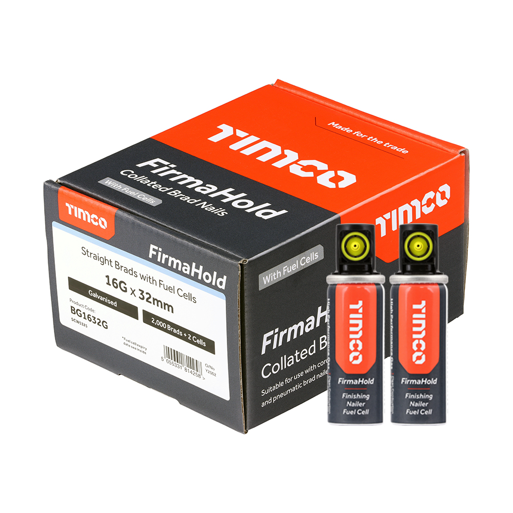 FirmaHold Collated Brad Nails & Fuel Cells - 16 Gauge - Straight - Galvanised - 16g x 32/2BFC (Pack 2000)