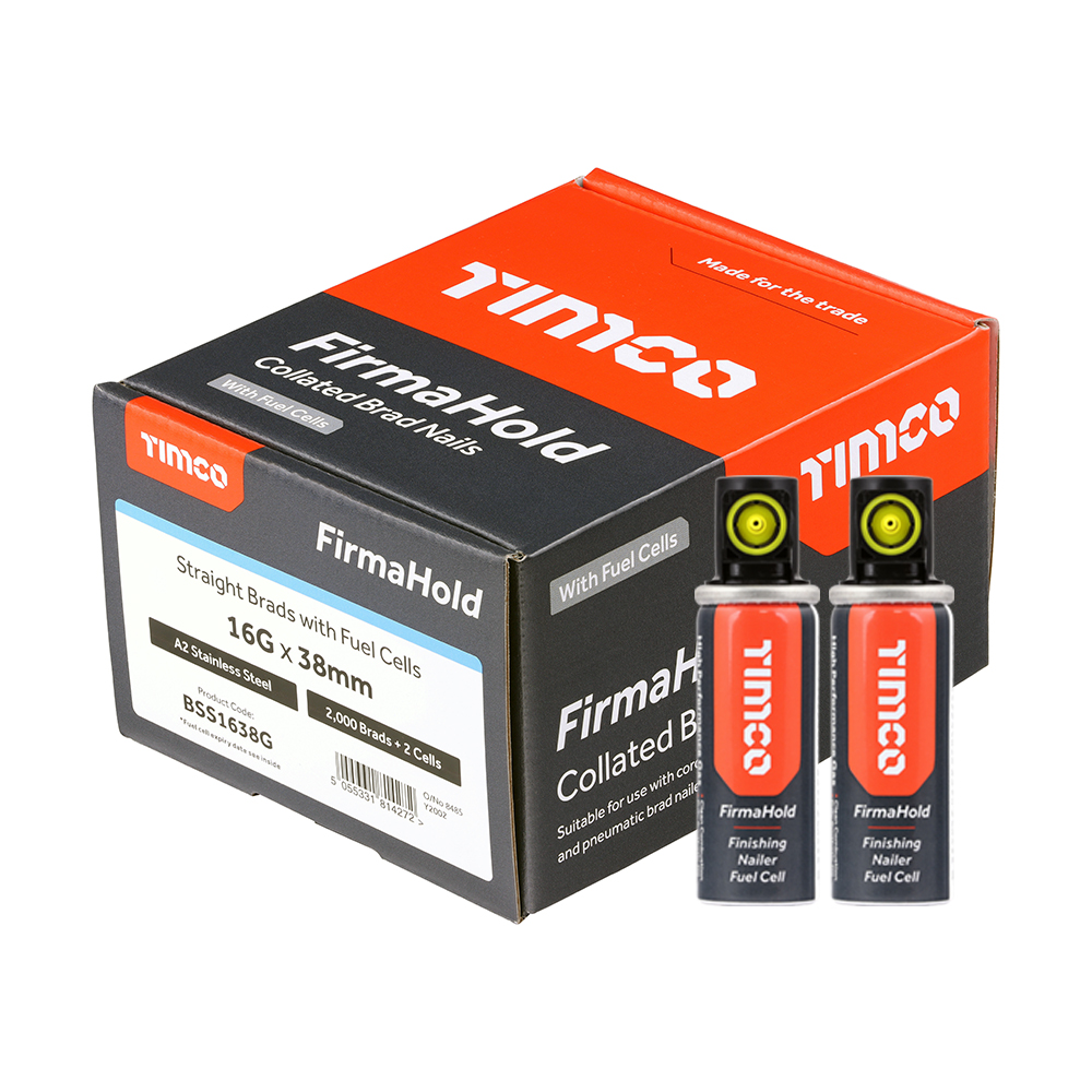 FirmaHold Collated Brad Nails & Fuel Cells - 16 Gauge - Straight - A2 Stainless Steel - 16g x 38/2BFC (Pack 2000)