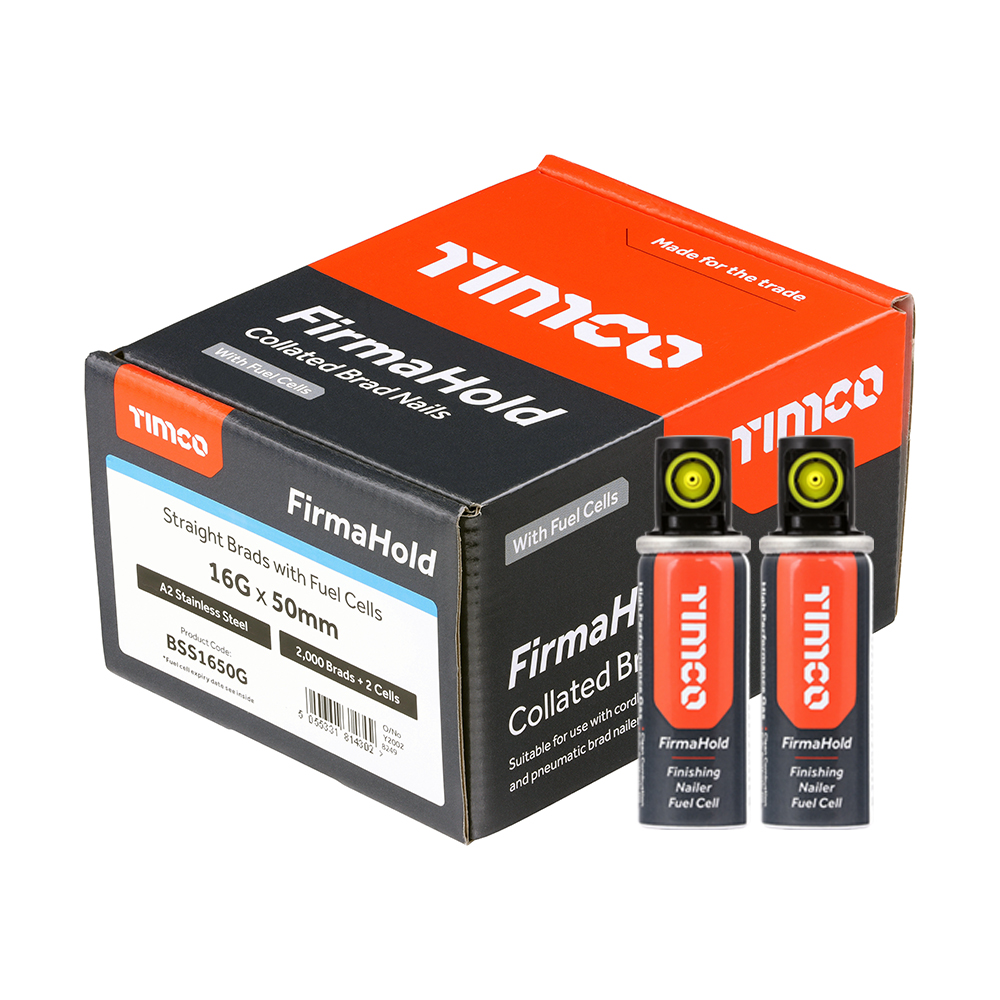 FirmaHold Collated Brad Nails & Fuel Cells - 16 Gauge - Straight - A2 Stainless Steel - 16g x 50/2BFC (Pack 2000)